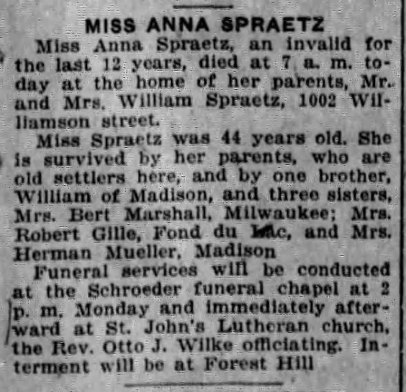 Miss Anna Spraetz, an invalid for the last 12 years, died ...